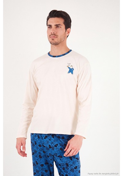 Buratti Baskılı Pamuklu Bisiklet Yaka Uzun Kollu Pijama Takımı Erkek Pijama Takımı 6575004 İndigo