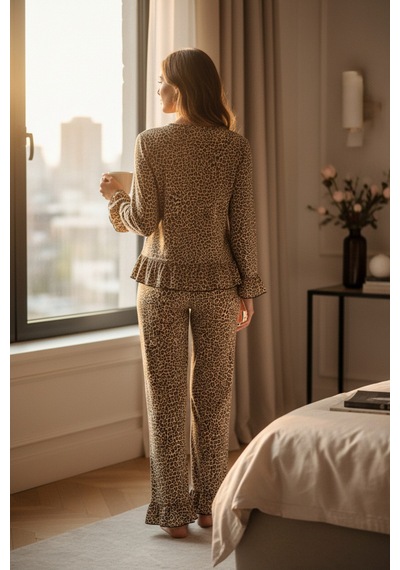 Epilons Zenviaatt2 Kadın Uzun Kollu Leopar Desenli Fiyonklu Ev Giyim Pijama Takımı Zenvi312