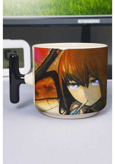 Steins Gate Anime Baskılı Seramik Lüks Kupa 1 Adet T Şeklinde Özel Siyah Kulp Dalga Kulp V3t Çok Renkli