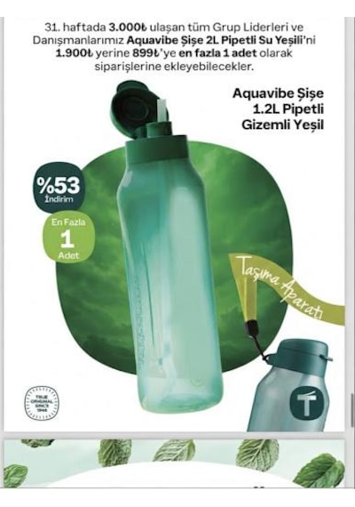 Tupperware Aquavibe Şişe 1,2 Lt Pipetli Ve İp Askılı Açık Yeşil
