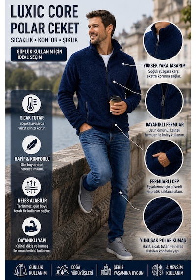Luxıc Core Erkek Peluş Mont Slim Fit Dik Yaka Fermuarlı Cepli Günlük Spor Ceket Lacivert