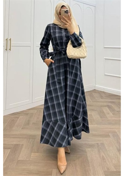 Neşeli Butik Kadın Ekose Desenli Düğme Detaylı Tesettür Elbise Nms076 Lacivert