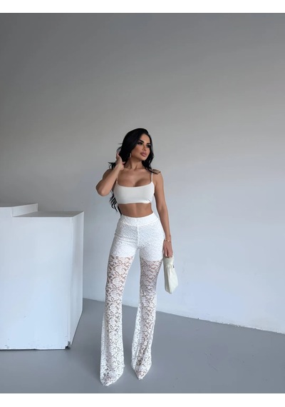Havens Lace Kabartmalı İspanyol Paça Pantolon Beyaz