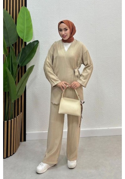 Zerogaprıse Kadın Çapraz Bağlamalı Keten Kimono Tesettür Pantolon Takım Bej