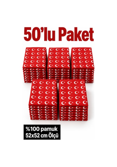 Herşeynota 50 Li Türk Bayrağı Desenli Kırmızı Fular 52x52 Cm %100 Pamuk Bandana Seti Çok Renkli 72251992