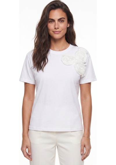 Onloox Kadın Beyaz Beyaz Pamuklu Bisiklet Yaka Regular Kesim Çiçek Aksesuarlı Kısa Kollu Örme T-shirt Onloox Kadın Beyaz Beyaz Pamuklu Bisiklet Yaka Regular Kesim Çiçek Aksesuarlı Kısa Kollu Örme T-shirt