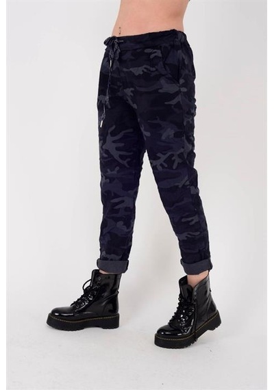 Eren Style Italyan Beli Bağlamalı Kamuflaj Desenli Dar Paça Pantolon-9078 Lacivert