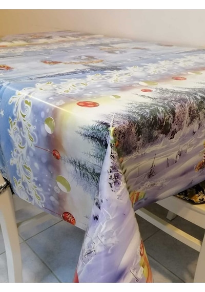 Yeni Yıl Desenli Elyaflı Pvc Muşamba - Silinebilir Masa Örtüsü 02mrl133a Mavi