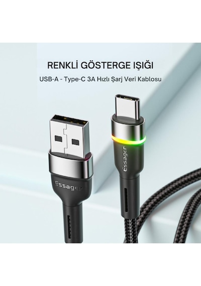 Essager Led Işıklı 2 Metre 3a Usb To Type-c Ultra Hızlı Şarj Kablosu,dayanıklı Renkli Led Işıklı Kablo