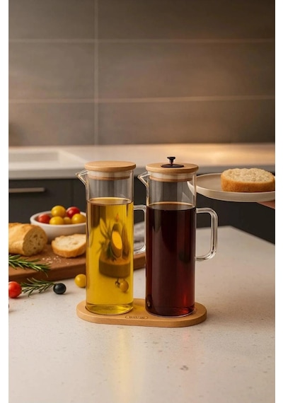 3 Parça 400 Ml Borosilikat Yağlık - Bambu Altlık Ve 2 Adet Bambu Kapaklı Cam Yağdanlık Saydam Cam
