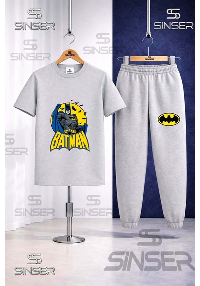 Ss Sinser Çocuk Batman Daırede Alt Yazılı Baskılı Tişort Eşofman Takımı Gri