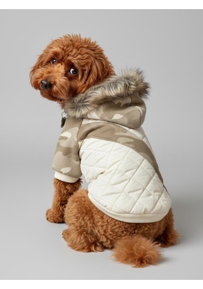 Creamy Camo Kamuflaj Desenli Krem Rengi Köpek Montu Kışlık Ceket