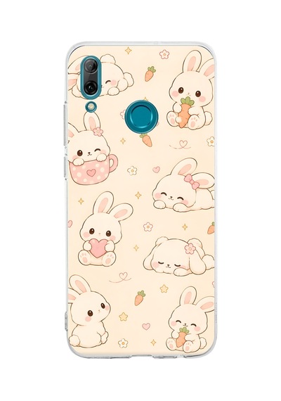 Huawei P Smart 2019 Uyumlu Sevimli Kawaii Tavşan Ve Havuç Desenli Krem Baskılı Silikon Kılıf