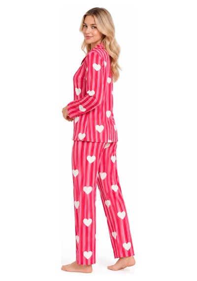 Sleeeproom Kadın Süet Düğmeli Mevsimlik Çizgili Kalp Desen Pijama Takımı Kırmızı Kalpli