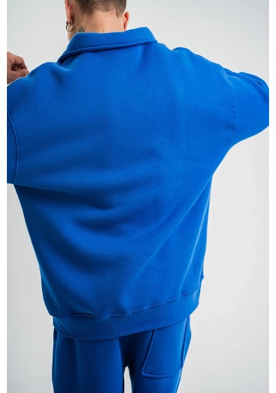 Erkek Patlı Yaka Üç İplik Pamuklu Sweatshirt Double Oversize Rahat Kalıp Günlük Kullanım - Mavi Mavi