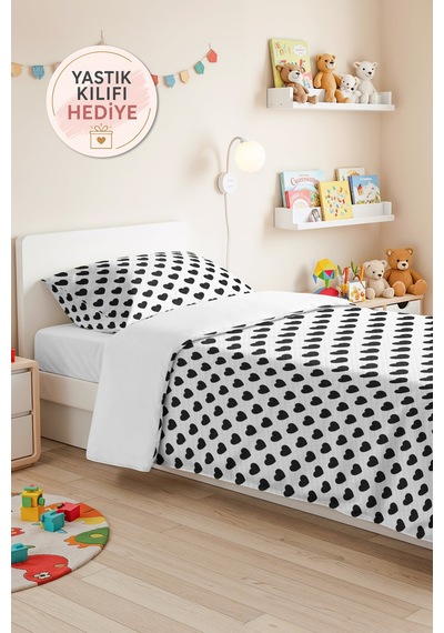 Siyah Kalp Desenli Genç Odası Tek Kişilik Dekoratif Pike Takımı - 160x220 Cm Kapitone Yatak Örtüsü Bohem Gökyüzü Hissi