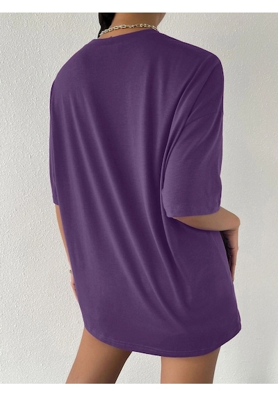 To Rome T-shirt - Mor Baskılı Oversize Bisiklet Yaka Kısa Kol Tişört Mor