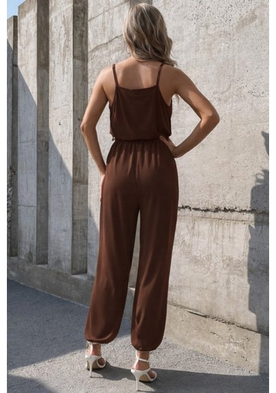 Efnaz Style Kadın Ip Askılı Kruvaze Yakalı Belden Kuşaklı Uzun Sandy Tulum Kahve