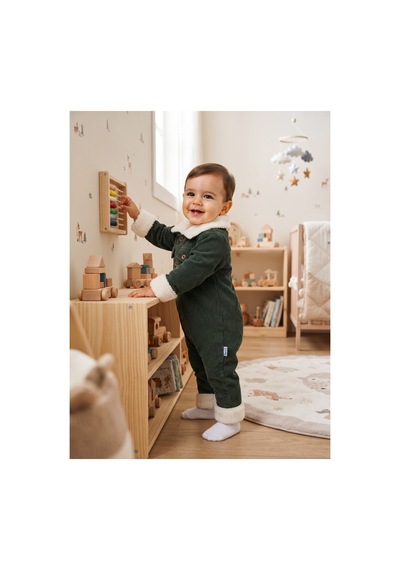 Chicsy Baby Tatlı Premium Çizgili Kadife İçi Peluşlu Welsoft Detaylı Düğmeli Cepli Erkek Bebek Tulum Haki