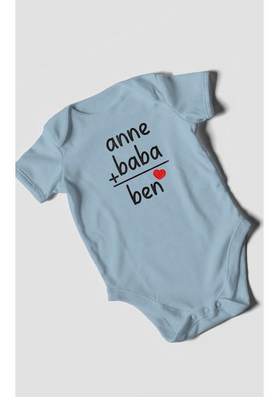 Anne Baba Ve Ben Baskılı Bebek Zıbını Çıtçıtlı Body %100 Pamuk Kısa Kol Bebe Mavisi
