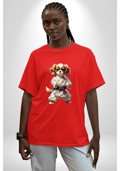 Cavailer King Charles Spaniel Karate Pamuklu Bisiklet Yaka Unisex Oversize Boyfriend Dijital Baskılı Kırmızı T-shirt Kırmızı