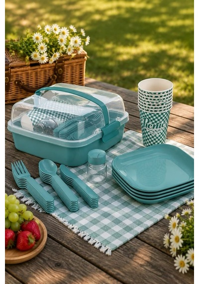 Titiz Lovely 32 Parça 6 Kişilik Piknik Seti Bpa Free Kapaklı Taşınabilir Piknik Sepeti - Mavi