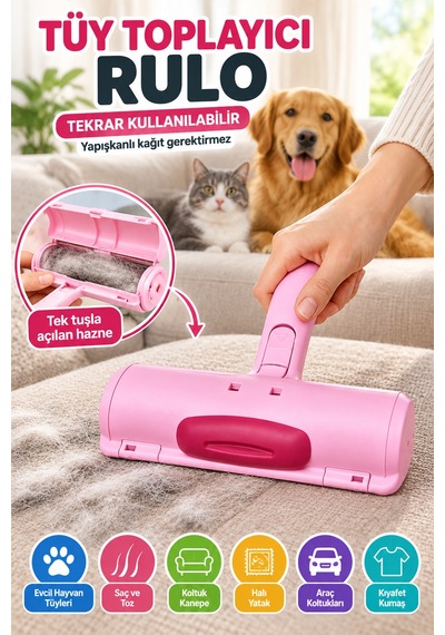Pembe Tekrar Kullanılabilir Hazneli Tüy Toplama Rulosu Kedi Köpek Tüyü Koltuk Temizleme Aparatı