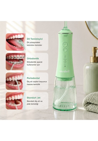 Steriball Oral Irrigator Ağız Duşu Yeşil - 4 Temizlik Modu 360 Dönebilen Başlık 0,60 Mm İnce Su Akışı Yüksek Frekanslı Su Darbesi