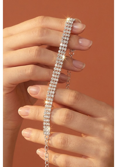 Valmont Accessories 16+2 Cm Ayarlanabilir Beyaz Taşlı Işıltılı 3 Sıra Su Yolu Kadın Bileklik Gümüş