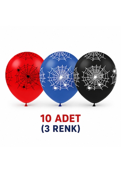 Spider Örümcek Ağı Baskılı Balon 10 Adet 3 Renk Çok Renkli