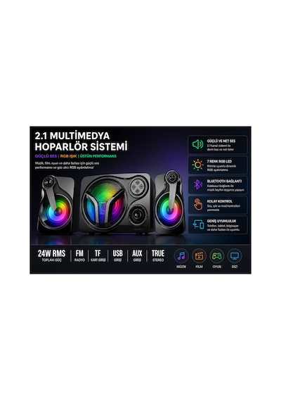 Sp60 Speaker 2.1 Kanal Oyuncu Hoparlörü Rgb Led Işıklı Hafıza Kartı Ve Usb Girişli Bluetooth Lu Bilgisayar Hoparlörü 3,5mm Jack Girişli 2+1 Gaming Speaker