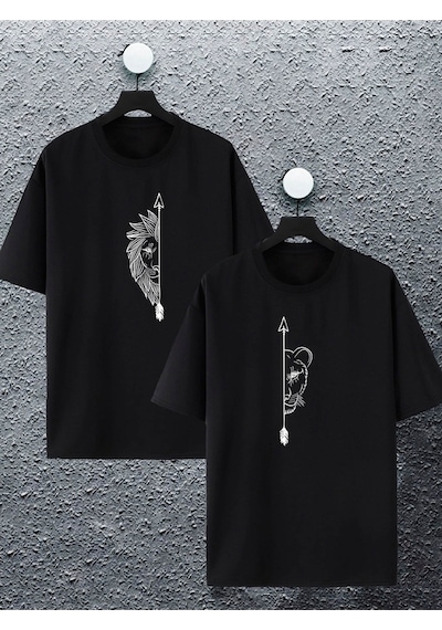 Unisex Kadın Erkek Aslan Baskılı Sevgili Çift Kombini Tasarım Oversize T-shirt 2'li Siyah Mck2398 Siyah