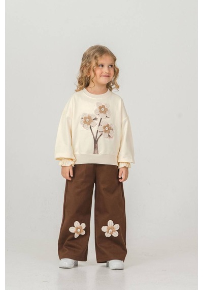 Harby Kids Çiçek Nakışlı Kız Pantolonlu İkili Takım 3-10 Yaş -103430 - Bej Bej