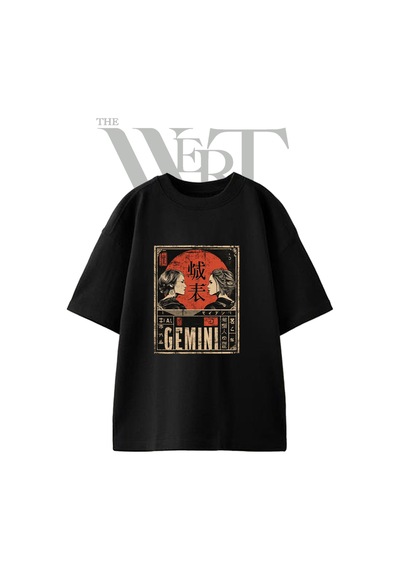 Thewert Japanese Gemini Tasarım Baskılı Ünisex Siyah Oversize T-shirt