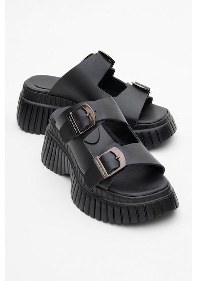 Luvishoes Joanes Siyah Cilt Hakiki Deri Çift Bantlı Kadın Dolgu Taban Terlik Siyah