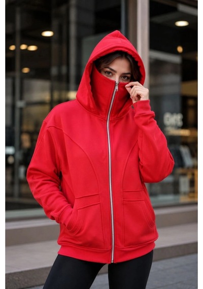 Kadın Maskeli Ninja Model Çift Kapüşonlu 3 İplik Şardonlu Fermuarlı Oversize Sweatshirt - Kırmızı