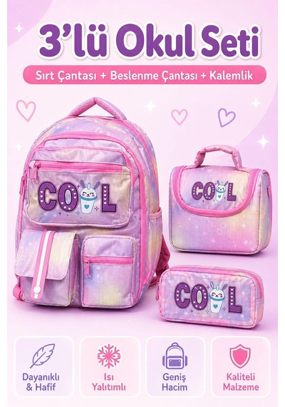 Yeni Sezon Co L Model 3 Lü İlkokul Çanta Seti Sırt Çantası + Beslenme Çantası + Kalemlik Pembe