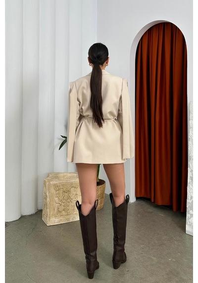 Msm Fashion Kadın Oversize Blazer Ceket Kuşaklı Omuz Detaylı Bej