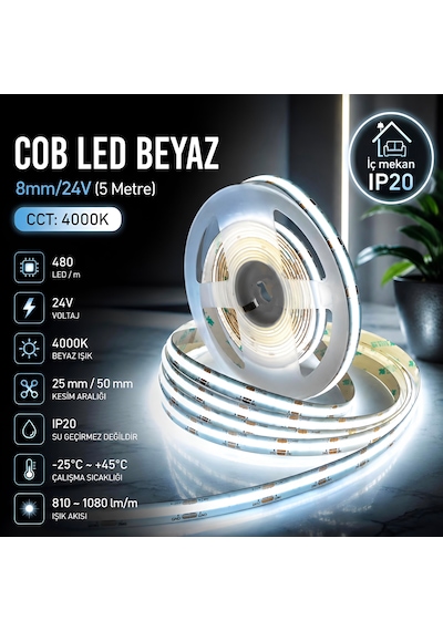 Cob Led Beyaz 8mm/24v 5 Metre 4000K
