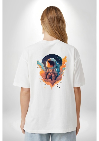 Bulutlar Astronot Uzay Beyaz Oversize Unisex Ön Ve Sırt Baskılı Tişört Beyaz