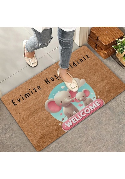 Valerine Life Sevimli Pembe Yavru Filler Evimize Hoş Geldiniz Kapı Önü Paspası 45x70cm