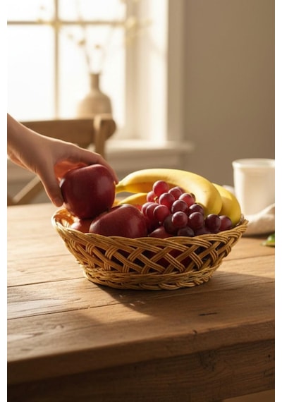 Plastik Rattan Ekmeklik, Meyvelik, Ekmek Sepeti 20cm Krem