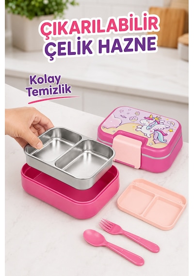 Happi Unicorn Paslanmaz Çelik Bölmeli Beslenme Kutusu 1030 Ml Çatal Kaşık Dahil Pembe