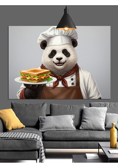 Panda Aşçı Sandviç Tutuyor Dekoratif Kanvas - Mdf Ahşap Tablo