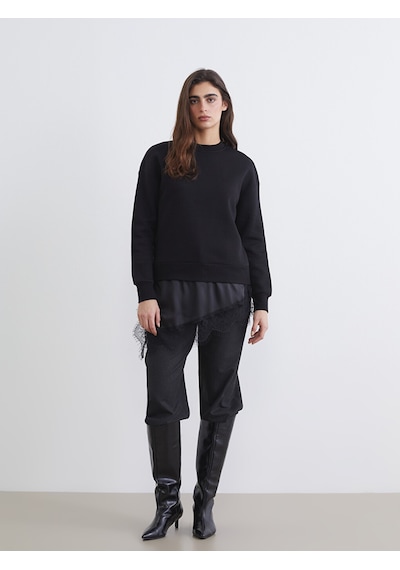 Lcw Vision Siyah Dantel Detaylı Oversize Kadın Kalın Sweatshirt