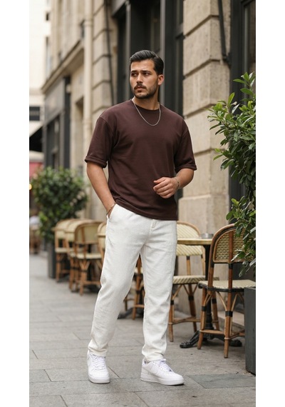 Veraura Lifestyle Erkek Duble Kol Basic Tişört kahverengi