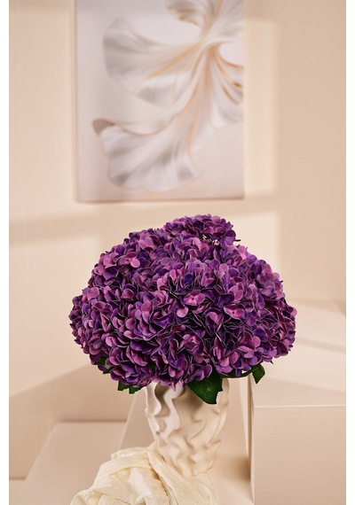 Mor Yapay Ortanca Çiçeği 5 Dallı Premium Canlı Islak Dokulu 42 Cm
