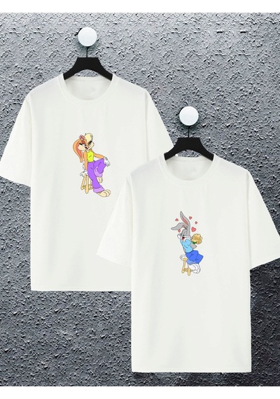 Unisex Kadın Erkek Bugs Bunny Ve Lola Baskılı Sevgili Çift Kombini Tasarım Oversize T-shirt 2'li St Beyaz Mck2103 Beyaz