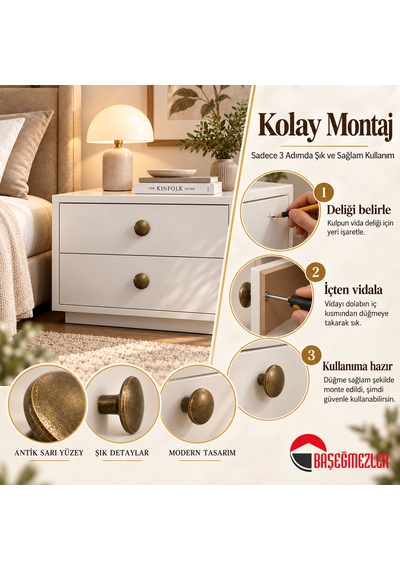 Haskan Yuvarlak Düğme Kulp Antik Sarı