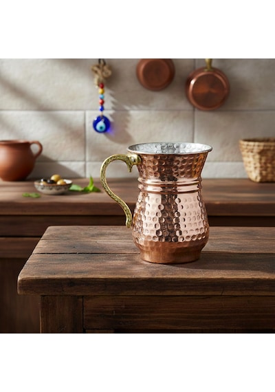 Ludıa Geleneksel El İşlemesi 300ml Bakır Kulplu Maşrapa Ayran Bardağı 7,5cmx10cm Bakır
